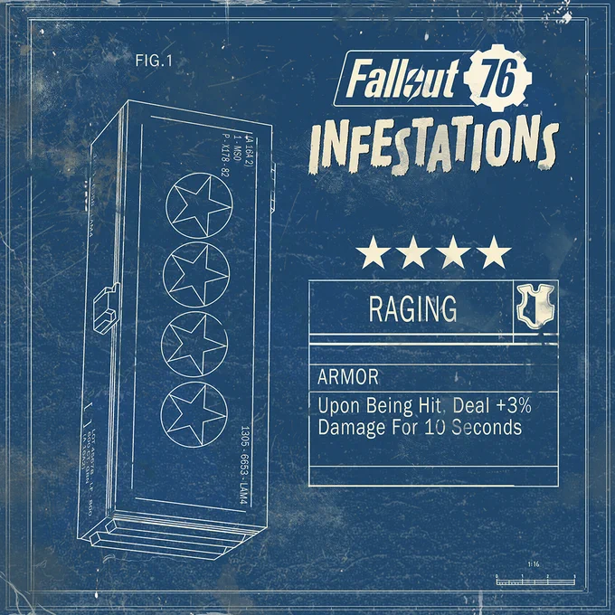 A blueprint image showing a 4-Star Legendary Mod from Fallout 76. It has a stencil of the mod box as well as text listing the mods effects. Raging - Armor - Upon being hit, deal  3% damage for 10 seconds