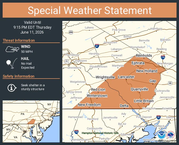 This graphic displays a special weather statement plotted on a map. The statement is in effect until 9:15 PM EDT.  The statement includes Lancaster PA, Ephrata PA and  Columbia PA.  STRONG THUNDERSTORMS WILL IMPACT LANCASTER AND SOUTHEASTERN YORK COUNTIES THROUGH 915 PM EDT. The threats associated with this storm are wind gusts up to 50 MPH and no hail is expected. Seek shelter in a sturdy structure until the storm passes.