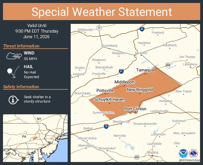 This graphic displays a special weather statement plotted on a map. The statement is in effect until 9:00 PM EDT.  The statement includes Pottsville PA, Tamaqua PA and  Schuylkill Haven PA.  A STRONG THUNDERSTORM WILL IMPACT SOUTHEASTERN SCHUYLKILL COUNTY THROUGH 900 PM EDT. The threats associated with this storm are wind gusts up to 55 MPH and no hail is expected. Seek shelter in a sturdy structure until the storm passes.