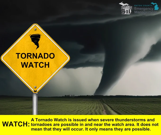 A yellow road sign reads "Tornado Watch". In the background, a dark and ominous sky with a large tornado touching down in an open field. A caption at the bottom reads "WATCH: A Tornado Watch is issued when severe thunderstorms and tornadoes are possible in and near the watch area. It does not mean that they will occur. It only means they are possible."