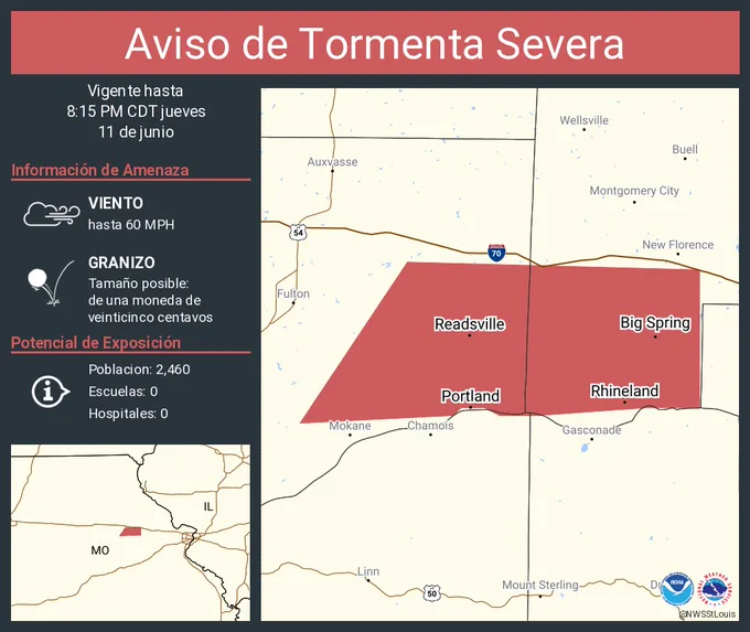 Este gráfico muestra la localización en el mapa de un aviso de tormenta severa. El aviso estará en efecto hasta las 8:15 PM CDT. El aviso incluye a Big Spring MO, Rhineland MO, McKittrick MO. El aviso incluye el este centro del condado de Callaway en el centro de Missouri y el suroeste de el condado de Montgomery en el este centro de Missouri. Las amenazas asociadas a este aviso son: ráfagas de viento de 60 MPH y granizo del tamaño de una moneda de veinticinco centavos. Hay 2,460 personas bajo este aviso incluyendo 0 escuelas y 0 hospitales.