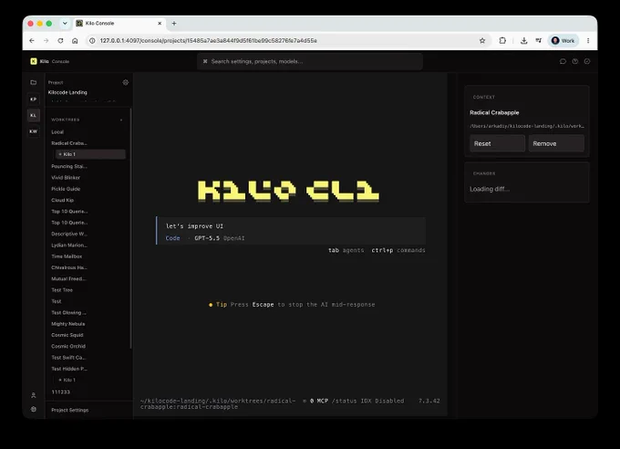 Screenshot of the Kilo Console running in a desktop web browser with a dark-themed interface. The center panel displays a stylized yellow Kilo logo above a prompt input containing the text “let’s improve UI.” The selected model is shown as “GPT-5.5 OpenAI,” with shortcuts for agents and commands displayed alongside. A tip below reads, “Press Escape to stop the AI mid-response.” The left sidebar lists a project called “Kilocode Landing” and numerous worktrees with whimsical names such as Radical Crabapple, Vivid Blinker, Pickle Guide, and Cosmic Orchid. The currently selected worktree is “Radical Crabapple.” On the right, a context panel shows details for the selected worktree, along with Reset and Remove buttons and a section labeled Changes. The interface emphasizes managing multiple isolated work environments, AI models, and project contexts from a single dashboard.