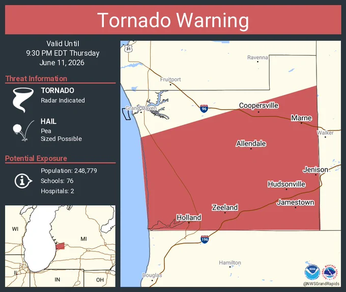 This graphic displays a tornado warning plotted on a map. The warning is in effect until 9:30 PM EDT. The warning includes Holland MI, Allendale MI and Jenison MI.  This warning is for Ottawa County in southwestern Michigan. The threats associated with this warning are a radar indicated tornado and pea sized hail. There are 248,779 people in the warning along with 76 schools and 2 hospitals.