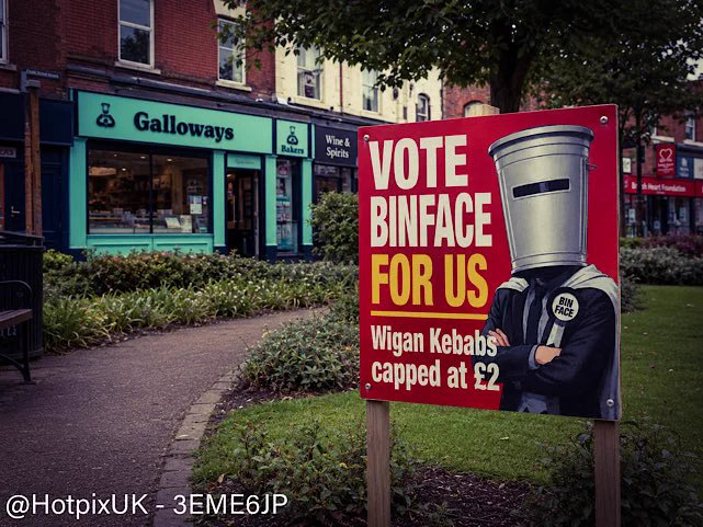 Vote Binface for us - cap those Wigan Kebab prices at £2

Pix: https://www.alamy.com/stock-photo/gotonysmith Makerfield.html?name=Tony Smith&pseudoid=237DAF28-A4ED-4448-8173-C0E81ABEEC6F&qt_raw= GoTonySmith&sortBy=relevant