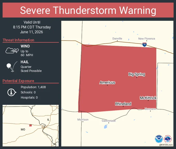 This graphic displays a severe thunderstorm warning plotted on a map. The warning is in effect until 8:15 PM CDT. The warning includes Big Spring MO, Rhineland MO and McKittrick MO.  This warning is for East Central Callaway County. The threats associated with this warning are wind gusts up to 60 MPH and quarter sized hail. There are 1,408 people in the warning along with 0 schools and 0 hospitals.