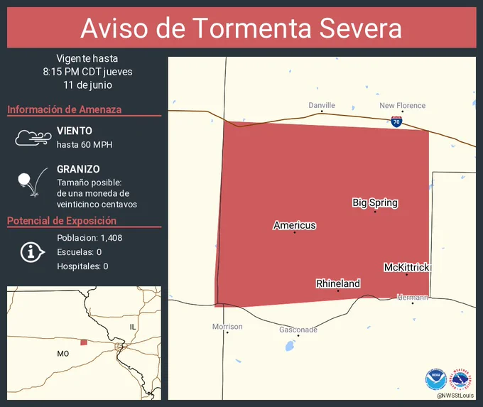 Este gráfico muestra la localización en el mapa de un aviso de tormenta severa. El aviso estará en efecto hasta las 8:15 PM CDT. El aviso incluye a Big Spring MO, Rhineland MO, McKittrick MO. El aviso incluye el este centro de Callaway el condado de . Las amenazas asociadas a este aviso son: ráfagas de viento de 60 MPH y granizo del tamaño de una moneda de veinticinco centavos. Hay 1,408 personas bajo este aviso incluyendo 0 escuelas y 0 hospitales.