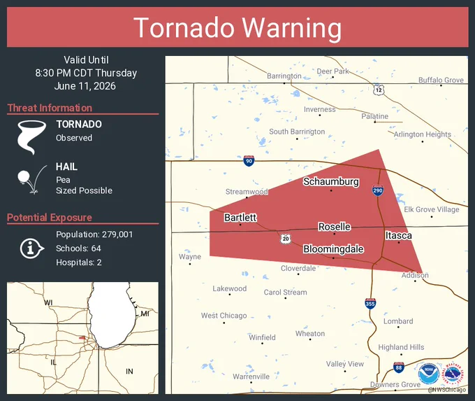This graphic displays a tornado warning plotted on a map. The warning is in effect until 8:30 PM CDT. The warning includes Schaumburg IL, Hoffman Estates IL and Bartlett IL.  This warning is for North Central Dupage and Northwestern Cook Counties. The threats associated with this warning are a observed tornado and pea sized hail. There are 279,001 people in the warning along with 64 schools and 2 hospitals.