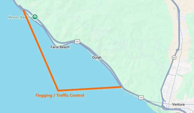 Map location of lane closures on PCH. 