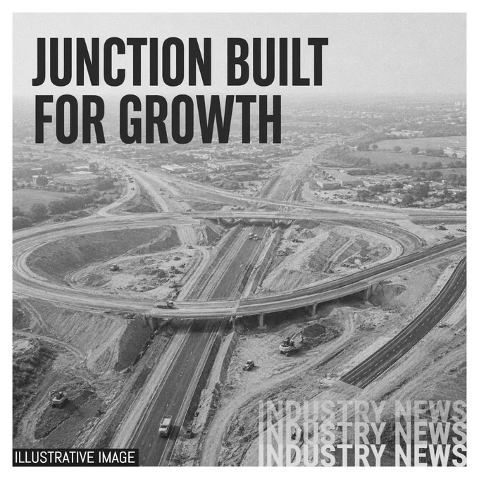 Illustrative image showing a monochrome aerial view of a major motorway junction under construction, with slip roads, earthworks, widened carriageways and the headline text 'JUNCTION BUILT FOR GROWTH'.