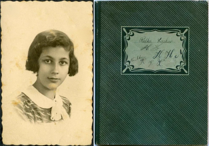 An antique split-image showing on the left a black-and-white photograph of a young girl with short, wavy hair, wearing a light-colored blouse with a ruffled collar. On the right, a dark green textured cover of a book or album with a label.