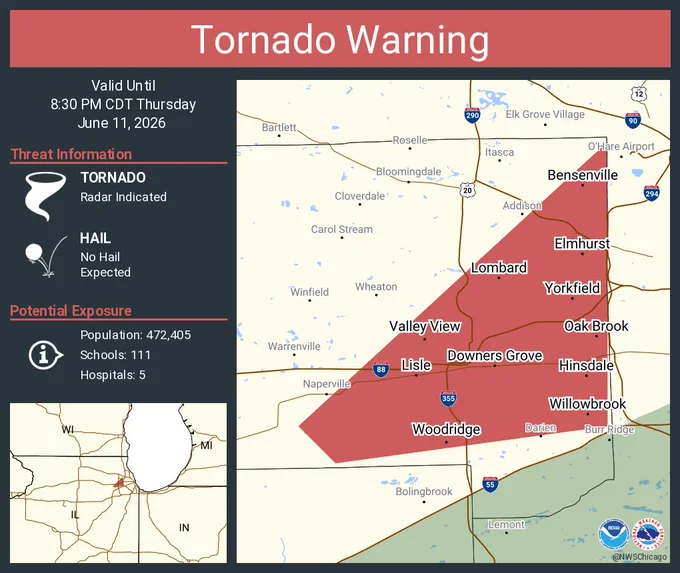 This graphic displays a tornado warning plotted on a map. The warning is in effect until 8:30 PM CDT. The warning includes Downers Grove IL, Elmhurst IL and Lombard IL.  This warning is for Southeastern DuPage County in northeastern Illinois. The threats associated with this warning are a radar indicated tornado and no hail is expected. There are 472,405 people in the warning along with 111 schools and 5 hospitals.