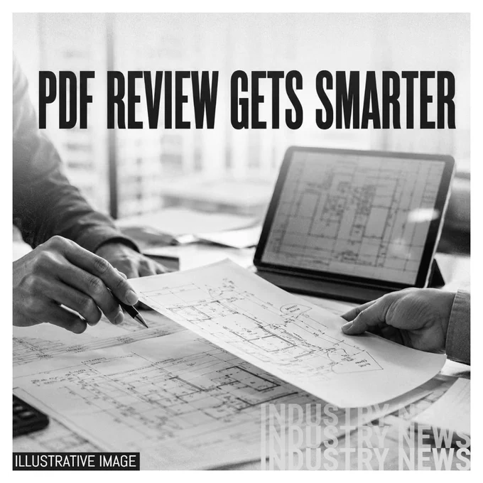 Illustrative image showing an unbranded monochrome AEC drawing-review desk with printed plans, hands reviewing marked-up sheets, a tablet displaying blurred drawing geometry, and the hook text PDF REVIEW GETS SMARTER.