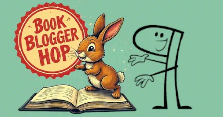 on a greenish background an anthropomorphized pilcrow gesturing toward the Book Blogger Hop logo 