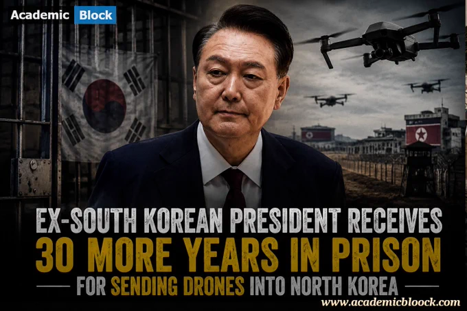 News graphic depicting a jailed South Korean ex-president, prison elements, and drones crossing into North Korea, symbolizing geopolitical conflict.