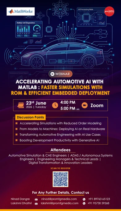 The automotive industry is rapidly evolving toward software-defined vehicles, where speed, intelligence, and real-time decision-making are critical. Discover how AI, simulation, and model-based design can accelerate innovation and deployment.

📌 Accelerating Automotive AI with MATLAB: Faster Simulations with ROM and Efficient Embedded Deployment

📅 Date: 23 June 2026
⏰ Time: 4:00 PM – 5:00 PM IST
💻 Platform: Zoom
🎟️ Participation: Free

🔹 Faster simulation and design exploration
🔹 Physics-based and data-driven modeling approaches
🔹 Efficient HIL/SIL integration for validation and testing
🔹 AI deployment on embedded and edge systems
🔹 Leveraging GenAI in engineering development
🔹 Transitioning models from R&D to production environments

🎤 Speakers:
• Koustubh Shirke, MathWorks
• Peeyush Pankaj, MathWorks

Register Here:
https://us06web.zoom.us/webinar/register/WN_duJlWQMgQN2K-nT-RSO6_g