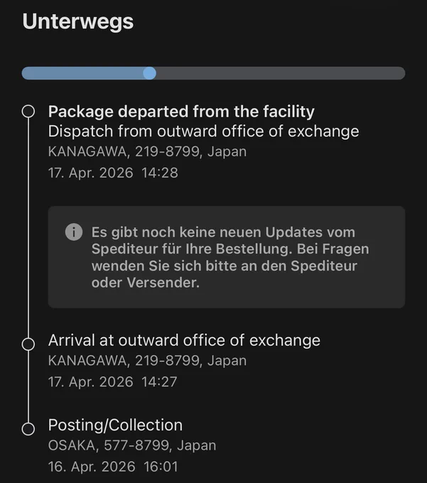 Tracking eines Pakets aus Japan, das am 17.4.2026 per Boot versandt wurde.