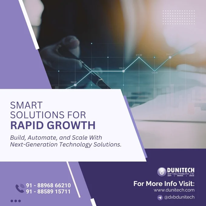 Promotional business flyer by Dunitech featuring the headline “Smart Solutions for Rapid Growth.” The design uses purple and white geometric elements, a business analytics background with growth charts, contact information, and a call to build, automate, and scale with next-generation technology solutions.