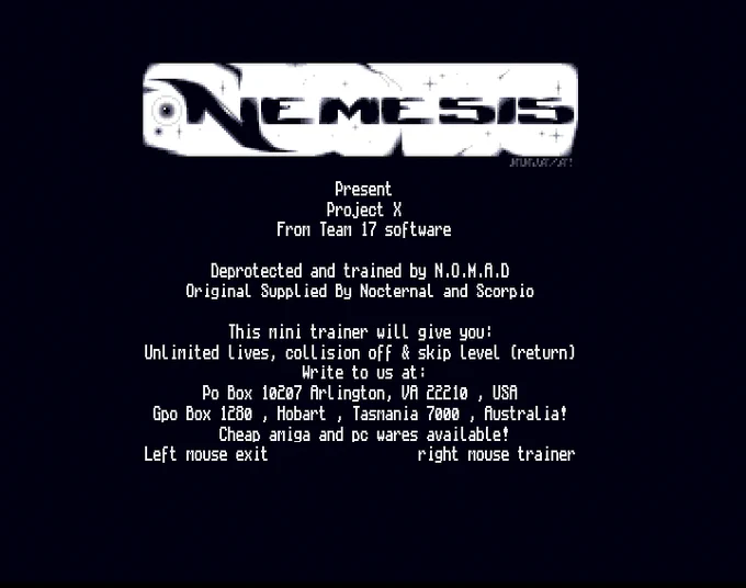 Screenshot of "Project-X" - Crack and Trainer ( 1): Nemesis - Published by Team 17 on Commodore Amiga (1992)