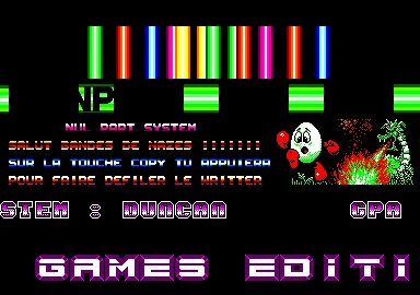 Screenshot of "Games, The - Summer Edition" - Crack: Nul Part System (NPS) - Published by Epyx on Amstrad CPC (1989)