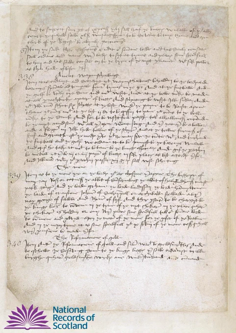 Closely written archaic text in the records of the Parliament of Scotland. The text, which is all but unreadable to the untrained eye, proclaims a ban on football. This was intended to encourage the average person to take an interest in more helpfully martial pursuits, such as archery.