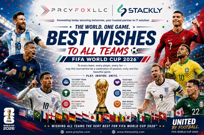 🌎⚽ Celebrating the spirit of football and global unity.

At Preyfox LLC and Stackly, we believe that great achievements come from teamwork, dedication, innovation, and shared goals—values reflected both in technology and in sport.

As the FIFA World Cup 2026 approaches, we extend our best wishes to every team, player, and supporter around the world.

May this tournament inspire excellence, strengthen connections across nations, and remind us that while we represent different countries, we all share one passion—the beautiful game.

🏆 United by Football. Inspired by Excellence.

#FIFAWorldCup2026 #Innovation #Technology #DigitalTransformation #Leadership #Teamwork #GlobalCommunity #SportsMarketing #BrandEngagement