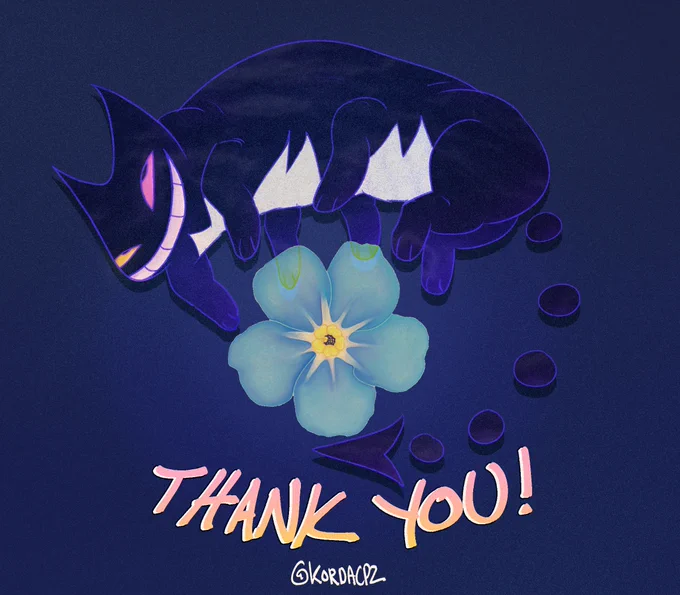 art of image_friend floating over a forget-me-not flower, with text that reads "THANK YOU!" in pink and yellow.