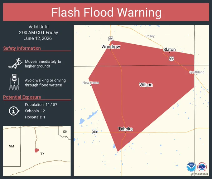 This graphic displays a flash flood warning plotted on a map. The warning is in effect until 2:00 AM CDT. The warning includes Slaton TX, Tahoka TX and Wilson TX.  This warning is for Southeastern Lubbock County in northwestern Texas and Northeastern Lynn County in northwestern Texas. Avoid walking or driving through flood waters! Move immediately to higher ground! There are 11,157 people in the warning along with 12 schools and 1 hospital.