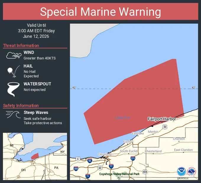 This graphic displays a special marine warning plotted on a map. The warning is in effect until 3:00 AM EDT. The warning includes Willowick to Geneva-on-the-Lake OH beyond 5NM off shoreline to US-Canadian border, Avon Point to Willowick OH beyond 5 nm off shoreline to US-Canadian border and Willowick to Geneva-on-the Lake OH. The threats associated with this warning are wind gusts greater than 40kts and no hail expected.Waterspouts are not expected. Steep waves can be expected. Seek safe harbor and take protective actions.