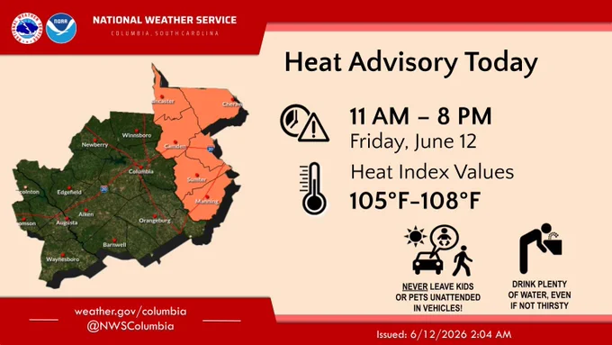 A Heat Advisory is in effect today across the eastern and northern Midlands. It is in effect beginning at 11a and ending at 8p. Impactful heat index values of 105F-108F are expect. Please take appropriate action to avoid heat related illness!