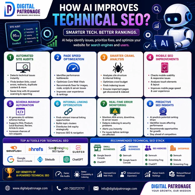 🚀 Is your website technically optimized for search engines?

AI-powered Technical SEO tools can automatically detect crawl errors, broken links, indexing issues, page speed bottlenecks, and mobile usability problems—helping you improve rankings faster and more efficiently. Spend less time on manual audits and more time growing your business with smarter SEO automation.

⚡ Smarter Tech. Better Rankings.

🌐 www.digitalpatronage.com
📞  91-7303721717

#TechnicalSEO #AISEO #SEO2026 #DigitalMarketing #SearchEngineOptimization #WebsiteOptimization #CoreWebVitals #GoogleSearchConsole #Semrush #Ahrefs #ScreamingFrog #SiteAudit #PageSpeed #MobileSEO #SchemaMarkup #OrganicTraffic #BusinessGrowth #LeadGeneration #GrowthMarketing #DigitalPatronage
