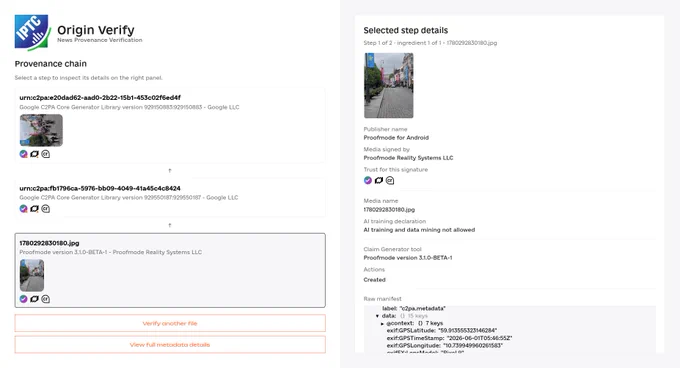 IPTC News Provenance Verification Origin Verify https://originverify.iptc.org/ displays proper provenance chain and gives access to raw C2PA manifest json data. It shows a Proofmode Camera image being modified by "Google Media Processing Services"