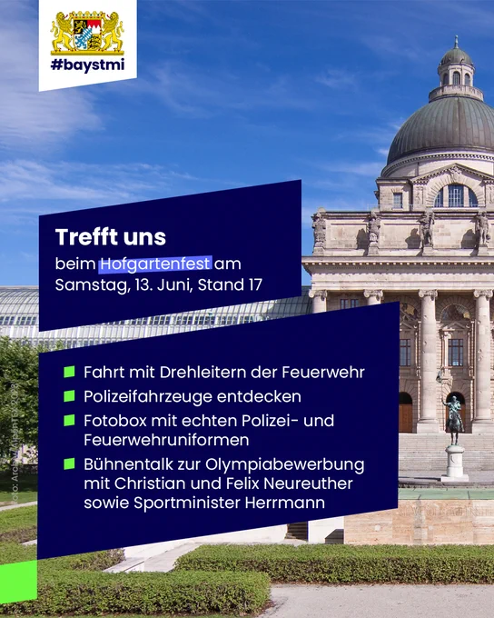 Werbegrafik zum Hofgartenfest mit Text zu Feuerwehr- und Polizeiausstellung vor dem bayerischen Innenministeriumsgebäude.