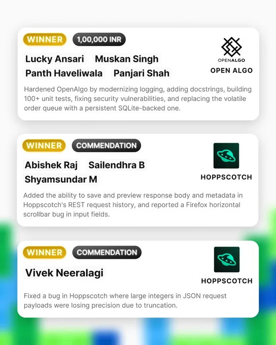 FOSS Hack 2026 winner cards for three teams. First: Lucky Ansari, Muskan Singh, Panth Haveliwala, and Panjari Shah won 1,00,000 INR for OpenAlgo — hardening the project with modernized logging, 100  unit tests, security fixes, and a persistent SQLite-backed order queue. Second: Abishek Raj, Sailendhra B, and Shyamsundar M received a Commendation for Hoppscotch — adding response body/metadata save and preview in REST request history. Third: Vivek Neeralagi received a Commendation for Hoppscotch — fixing large integer precision loss in JSON request payloads.
