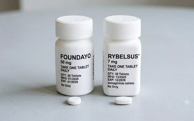 Two oral GLP-1 prescription pill bottles labelled Foundayo and Rybelsus positioned side by side with white tablets, illustrating the comparison between the two oral GLP-1 medications.