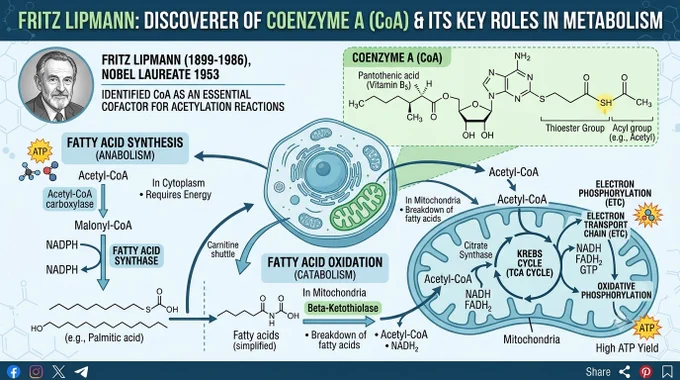 “Clean educational infographic of Fritz Lipmann, coenzyme A (CoA) molecule highlighted in cellular metabolism, fatty acid synthesis and oxidation pathways, mitochondria energy production visuals, blue and green scientific tones, modern educational infographic style, high detail, social media ready.”
