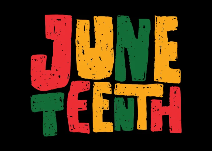 Colorful block letters spelling 'JUNETEENTH' in the colors of red, yellow, and green on a black background.