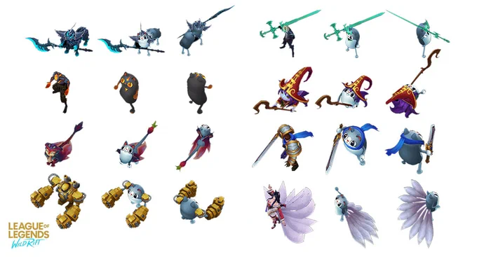 Different champion models are shown alongside the front and back views of their corresponding cat models. From top to bottom, left to right, the champions are: Hecarim, Brand, Smolder, Blitzcrank, Viego, Lulu, Garen, and Ahri.