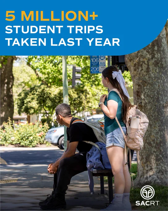 Two students waiting at a bus stop; overlay text reads "5 million  student trips taken last year."