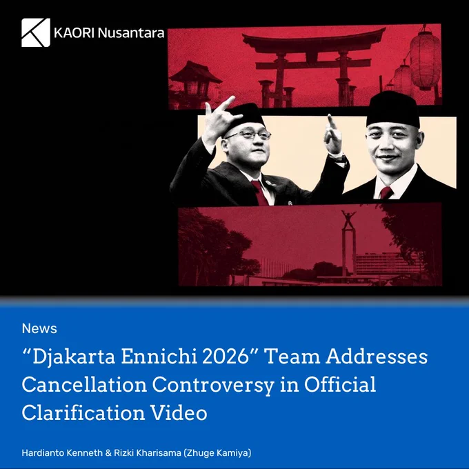 Header image from an article titled ""Djakarta Ennichi 2026" Team Addresses Cancellation Controversy in Official Clarification Video". The article title is written in white over blue background in the bottom half of the image. The picture shows the key figure of Djakarta Ennichi eventin black & white Copyright attribution © Hardiyanto Kenneth and Rizki Kharisama (Zhuge Kamiya) on the bottom left. The article is tagged "News". The logo of KAORI Nusantara is on top left in white.