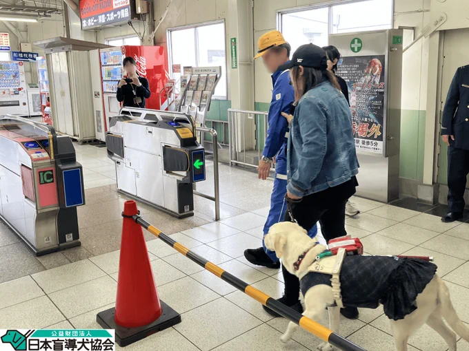 自動改札機に向かって、駅従業員が盲導犬ユーザーを誘導している様子。