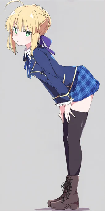 masterpiece, best quality, score_9,
artoria_pendragon \(fate\), @ixy,

1girl, solo, blonde_hair, green_eyes, ahoge, braid, braided_bun, side_braid, short_hair, side_view, looking_to_the_side, expressionless, standing, bent_over, hands_on_knees, thighs, thighhighs, black_legwear, black_thighhighs, skirt, plaid_skirt, pleated_skirt, blue_skirt, blue_jacket, blazer, double-breasted, long_sleeves, frilled_cuffs, ribbon, purple_ribbon, neck_ribbon, boots, lace-up_boots, ankle_boots, school_uniform, highres, simple_background, grey_background,

She tilts her upper body forward while keeping her head directed straight ahead rather than toward the viewer, creating a sense of focus and anticipation. The side-profile presentation emphasizes the clean silhouette of her face and hairstyle