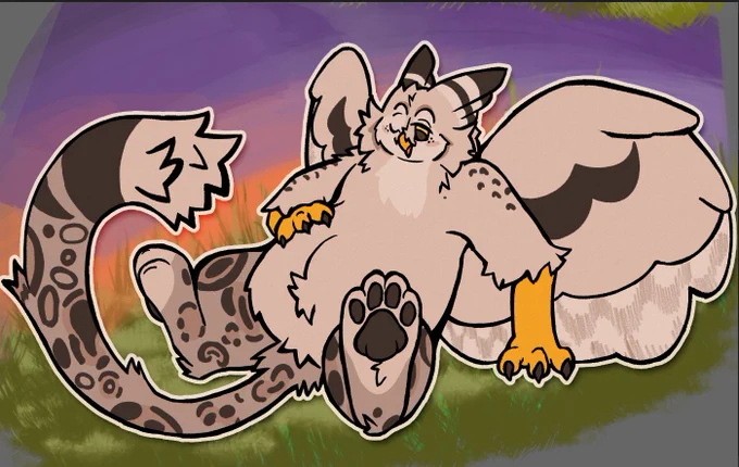 A digital drawing of a snowy owl / snow leopard gryphon