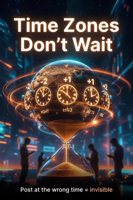 Dramatic digital illustration showing a glowing globe with multiple time zone clocks labeled -2, -1,  1,  2 spinning around it, combined with a large hourglass where sand is rapidly flowing. Text at the top reads: Time Zones Don’t Wait. Text at the bottom reads: Post at the wrong time = invisible. Futuristic dark background with neon accents.