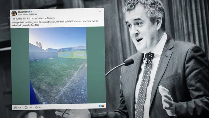 Image: Chris Bishop described the empty site as "barren and vacant", comparing it to Labour's policies for farmers and rural New Zealand. (Chris Bishop / Facebook)