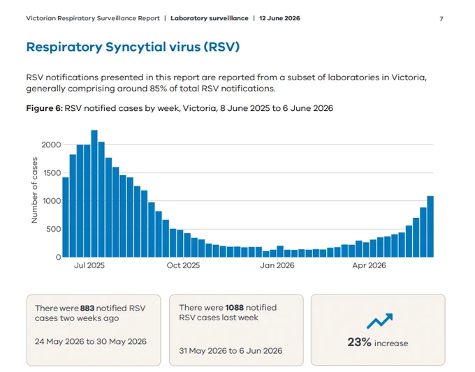 An image showing a Respiratory Syncytial Virus (RSV) surveillance report for Victoria, dated June 12, 2026.
Figure 6 is a blue bar chart tracking weekly notified RSV cases from June 8, 2025, to June 6, 2026. Cases peak dramatically in July 2025 above 2,000 weekly cases, decline steadily through October 2025, and remain low until April 2026. From April to June 2026, cases show a sharp upward trend, climbing back over 1,000 weekly cases.
Three highlighted summary boxes below the chart provide recent numbers:
•	Left Box: There were 883 notified RSV cases two weeks ago (24 May 2026 to 30 May 2026).
•	Middle Box: There were 1,088 notified RSV cases last week (31 May 2026 to 6 Jun 2026).
•	Right Box: Displays a blue upward zig-zag arrow indicating a 23% increase.
