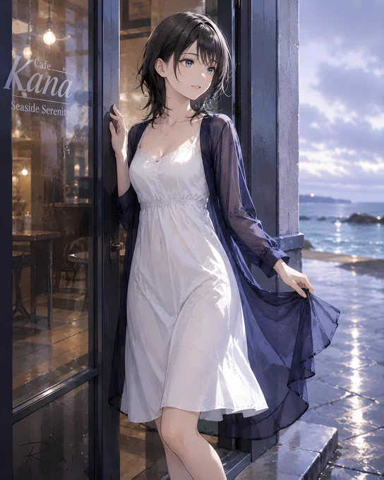 海沿いのカフェの入口に、黒髪の女性が立っている。白いキャミワンピースに透け感のあるネイビーの羽織を重ね、片手をガラス扉に添え、もう片方の手で裾を軽く持っている。店内には暖かな照明が灯り、外には夕方の海と濡れた石畳が広がる。雨上がりの光がワンピースと水面に反射し、静かな時間だけが少し長く残っている。