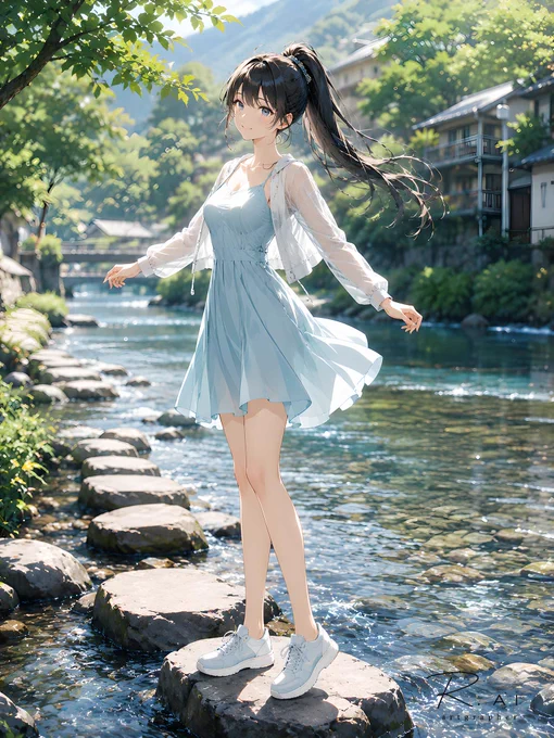 山あいの町を流れる澄んだ川で、女性が飛び石の上に立っている。淡い水色のワンピースと白い羽織が風を受け、午後の日差しに水面がきらめく。背後には緑に包まれた家並みと小さな橋。予定していた場所ではないけれど、旅の途中でふと足を止めたくなる、涼やかな一瞬が残っている。