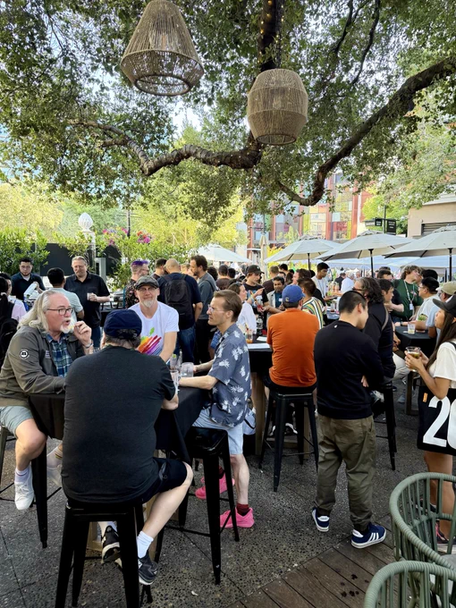 A group of people mill around enjoying drinks under trees and sparkly lights.