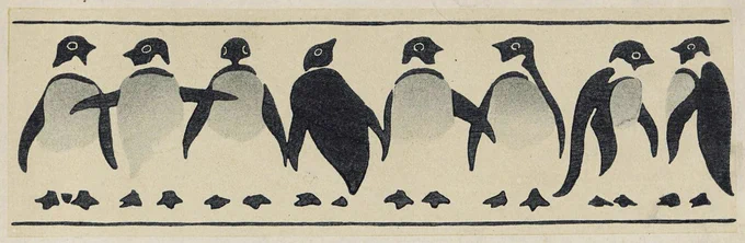 NDLイメージバンク『非水花鳥図案集』より、ペンギンの図案。画像は横に細長く、8羽のペンギンがそれぞれ違うポーズで並んで描かれている。