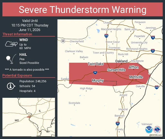 This graphic displays a severe thunderstorm warning plotted on a map. The warning is in effect until 10:15 PM CDT. The warning includes Mehlville MO, Affton MO and Lemay MO.  This warning is for North Central Jefferson County in east central Missouri and Southwestern Saint Louis County in east central Missouri. The threats associated with this warning are wind gusts up to 60 MPH and pea sized hail. There are 248,256 people in the warning along with 54 schools and 4 hospitals.